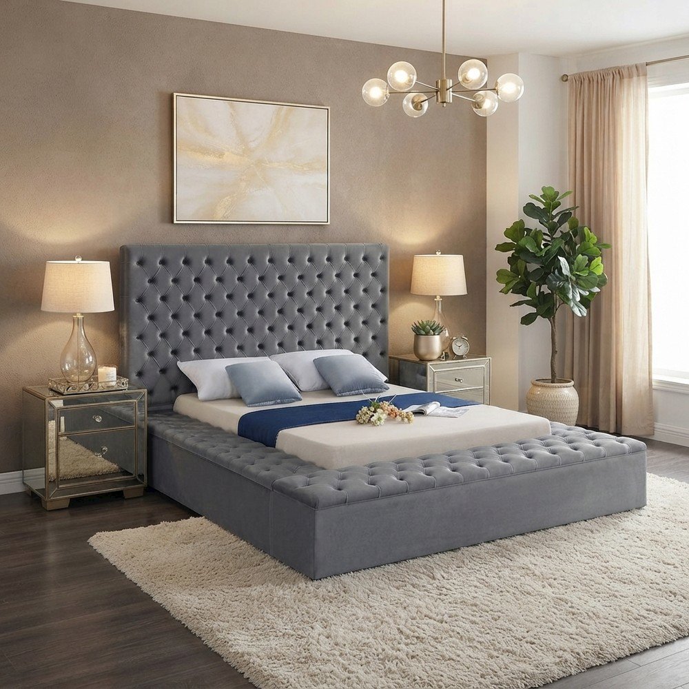 Fully Upholstered Velvet Platform Bed with Tufted Headboard, Grey Velvet, King