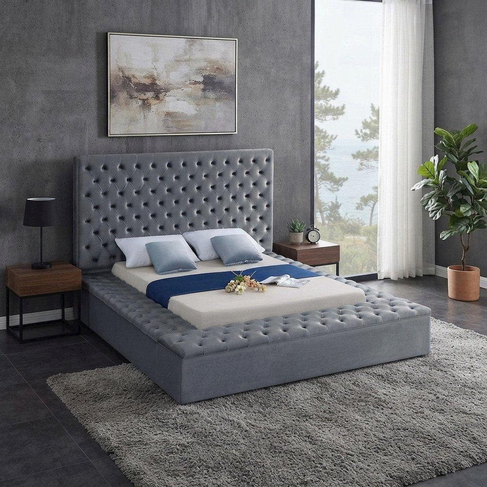 Fully Upholstered Velvet Platform Bed with Tufted Headboard, Grey Velvet, King