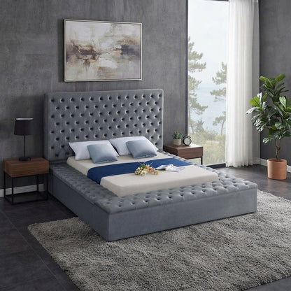 Fully Upholstered Velvet Platform Bed with Tufted Headboard, Grey Velvet, King