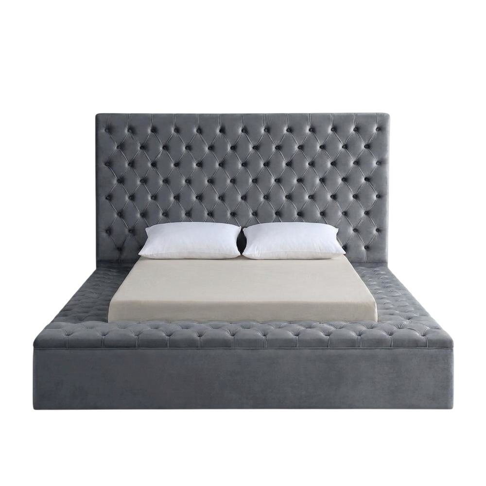 Fully Upholstered Velvet Platform Bed with Tufted Headboard, Grey Velvet, King