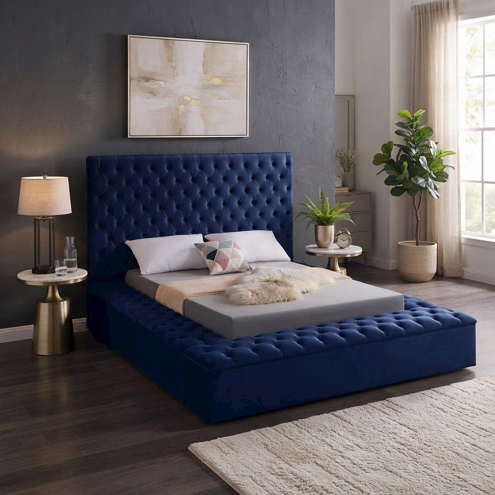 Fully Upholstered Velvet Platform Bed with Tufted Headboard, Navy Velvet, King