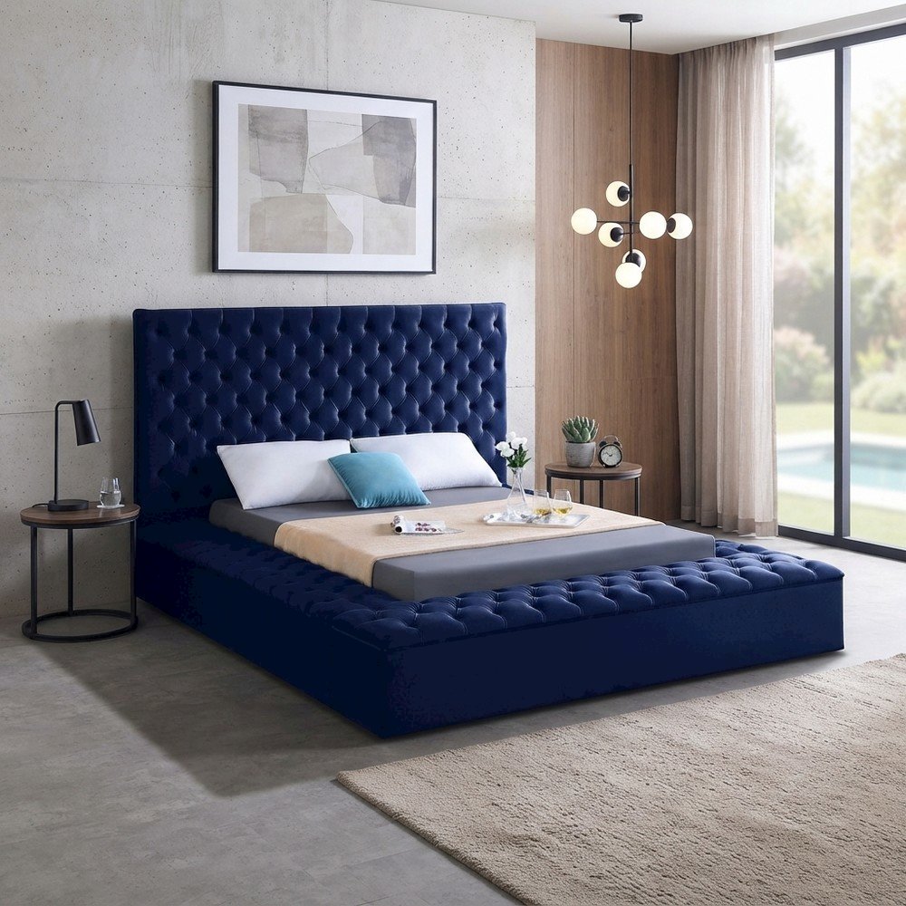 Fully Upholstered Velvet Platform Bed with Tufted Headboard, Navy Velvet, King