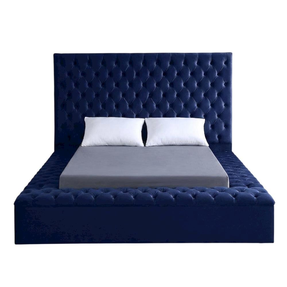 Fully Upholstered Velvet Platform Bed with Tufted Headboard, Navy Velvet, King