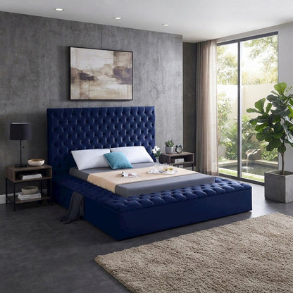 Fully Upholstered Velvet Platform Bed with Tufted Headboard, Navy Velvet, Queen