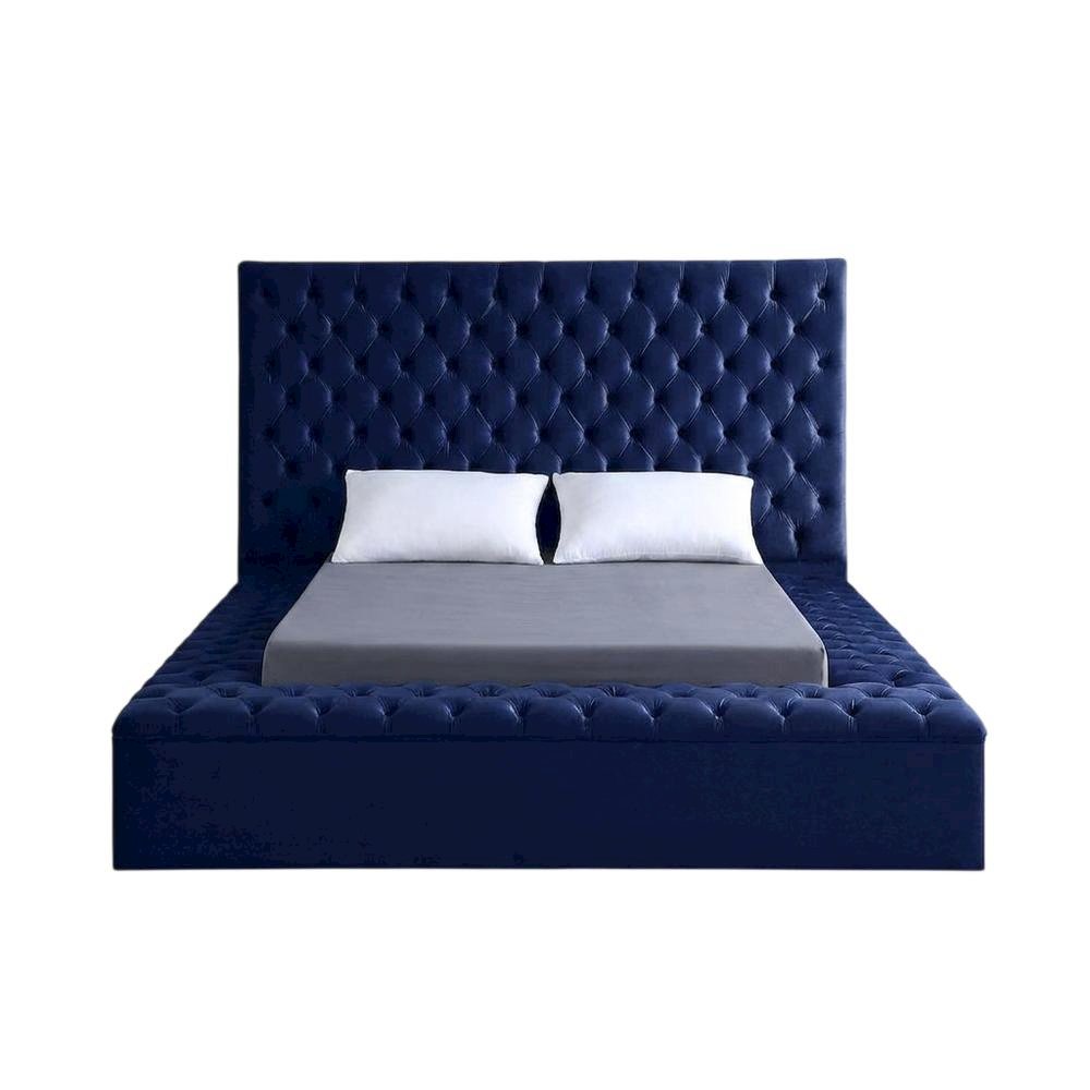 Fully Upholstered Velvet Platform Bed with Tufted Headboard, Navy Velvet, Queen