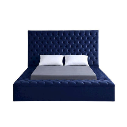 Fully Upholstered Velvet Platform Bed with Tufted Headboard, Navy Velvet, Queen