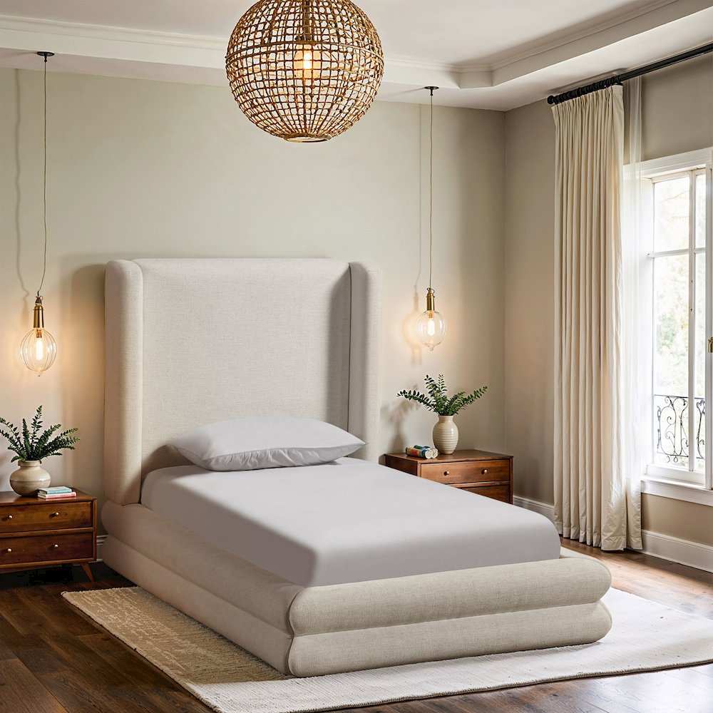 Chandra Cream Linen Textured Fabric Upholstered Twin Bed