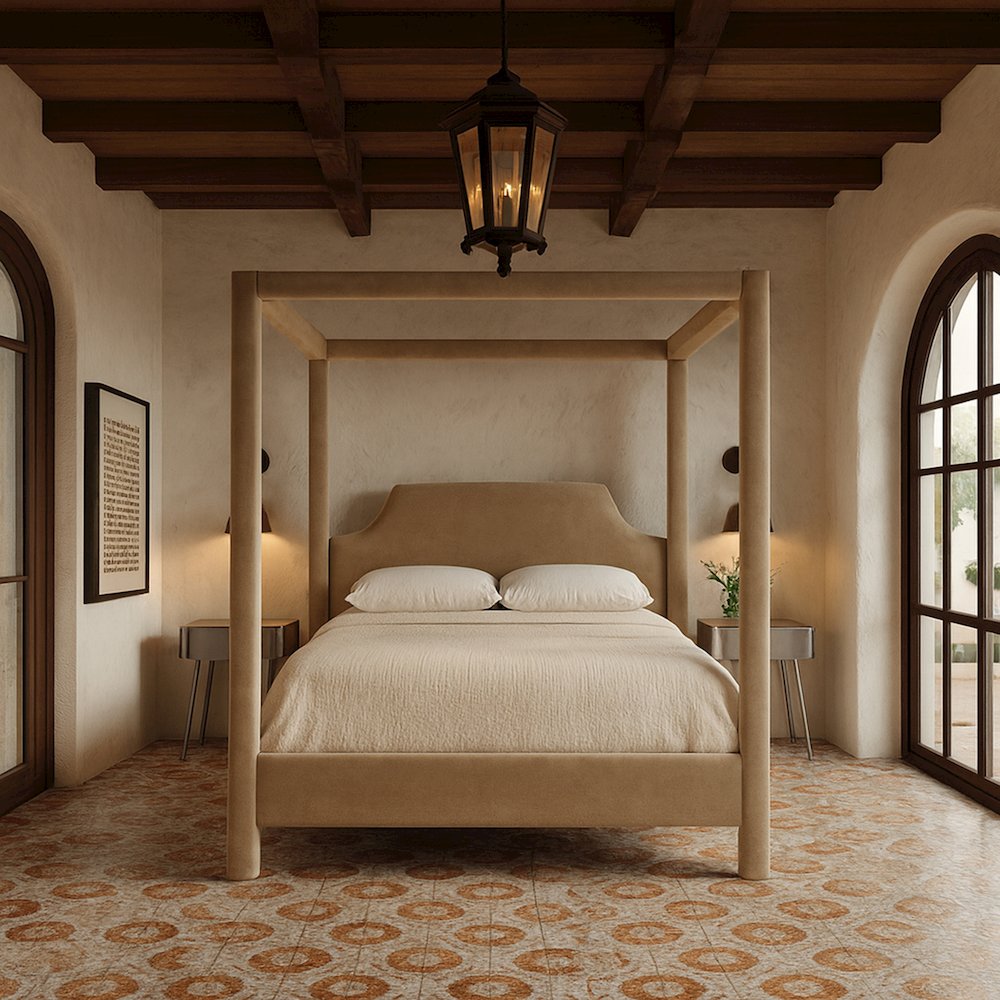 Dawson Beige Velvet Upholstered Queen Bed