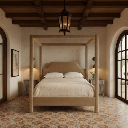 Dawson Beige Velvet Upholstered Queen Bed