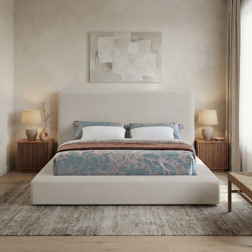 Queen Platform Bed Frame with Headboard, Beige Linen Textured Fabric