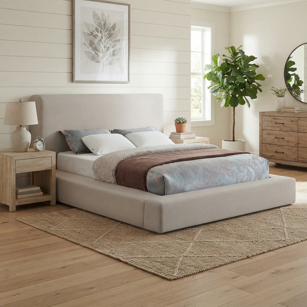 Queen Platform Bed Frame with Headboard, Beige Linen Textured Fabric