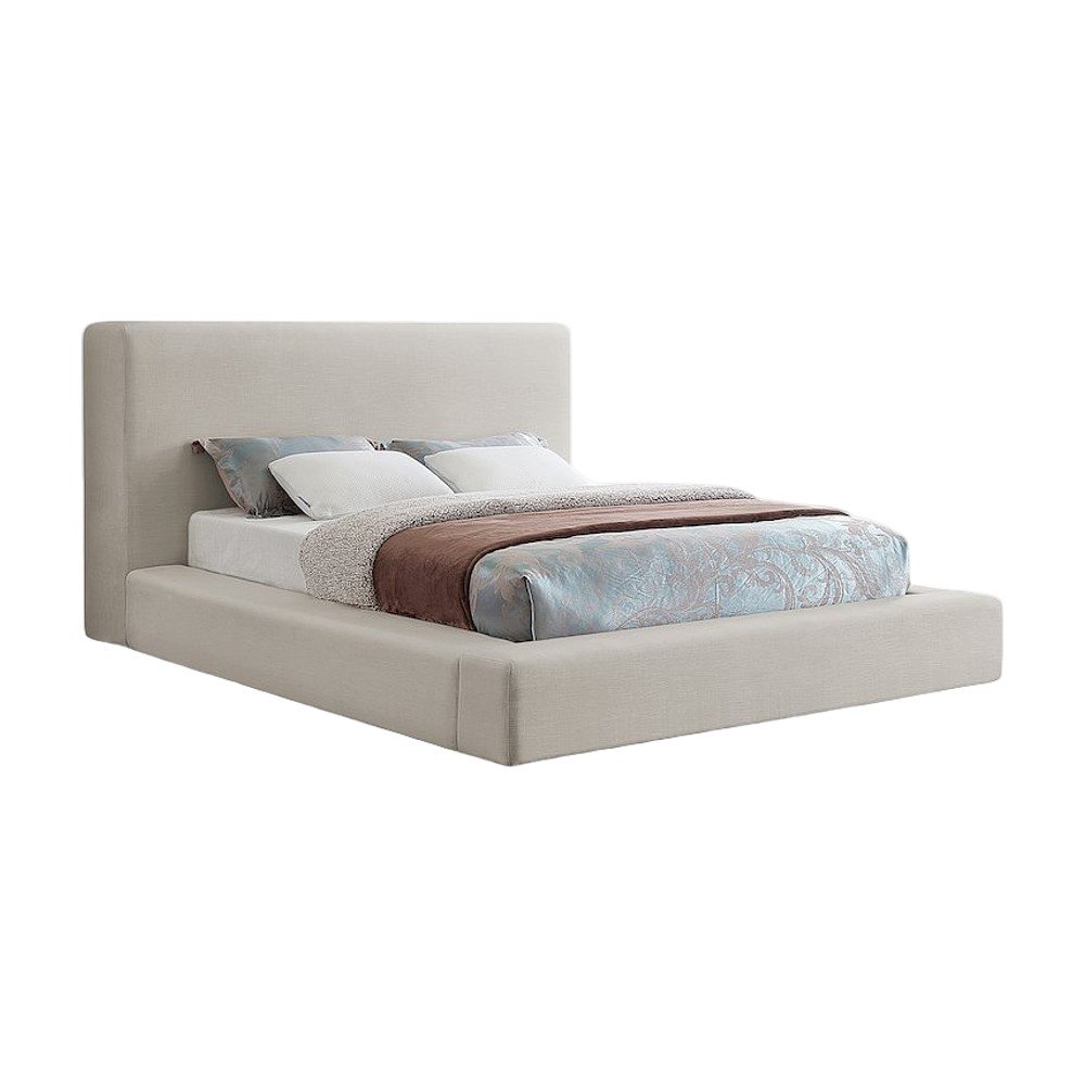 Queen Platform Bed Frame with Headboard, Beige Linen Textured Fabric