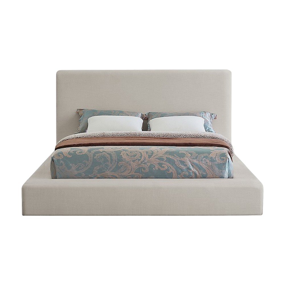 Queen Platform Bed Frame with Headboard, Beige Linen Textured Fabric