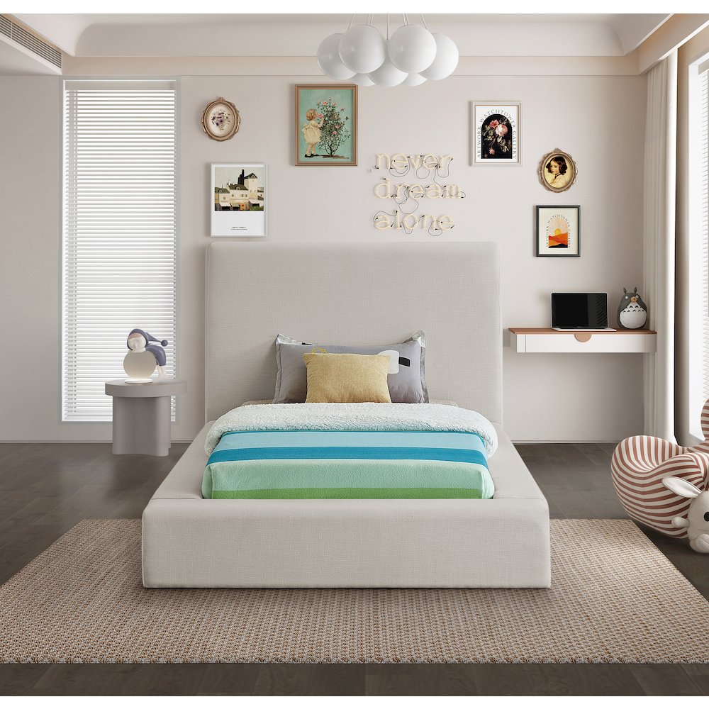 Devin Beige Linen Textured Fabric Twin Bed