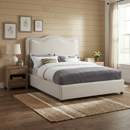 Platform Bed with Camelback Headboard, Cream Linen Textured Fabric, Full