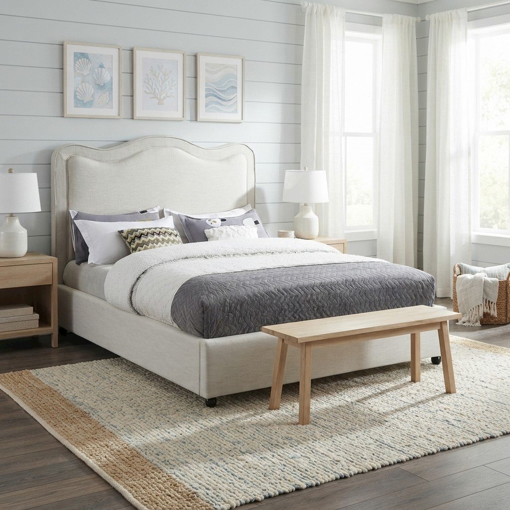 Platform Bed with Camelback Headboard, Cream Linen Textured Fabric, Full