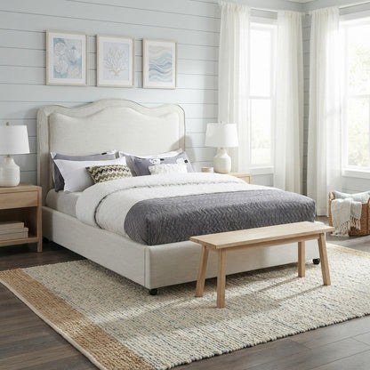 Platform Bed with Camelback Headboard, Cream Linen Textured Fabric, Full
