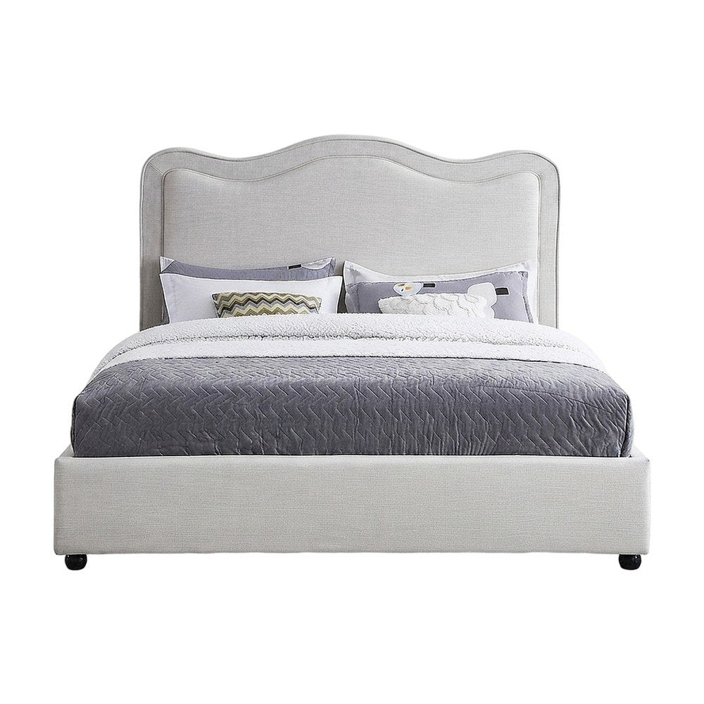 Platform Bed with Camelback Headboard, Cream Linen Textured Fabric, Full
