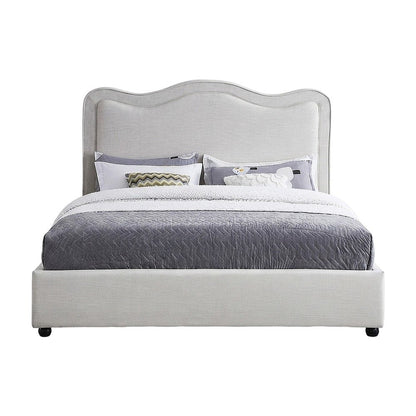 Platform Bed with Camelback Headboard, Cream Linen Textured Fabric, Full
