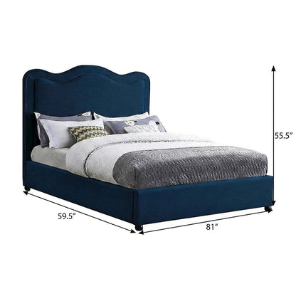 Platform Bed with Camelback Headboard, Navy Linen Textured Fabric, Full