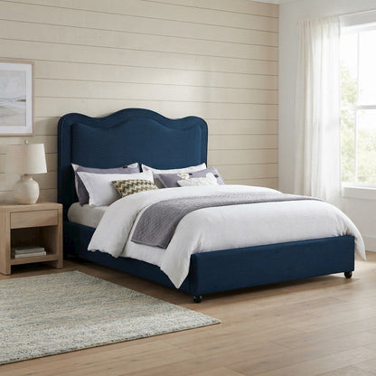 Platform Bed with Camelback Headboard, Navy Linen Textured Fabric, Full
