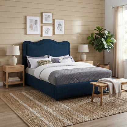 Platform Bed with Camelback Headboard, Navy Linen Textured Fabric, Full