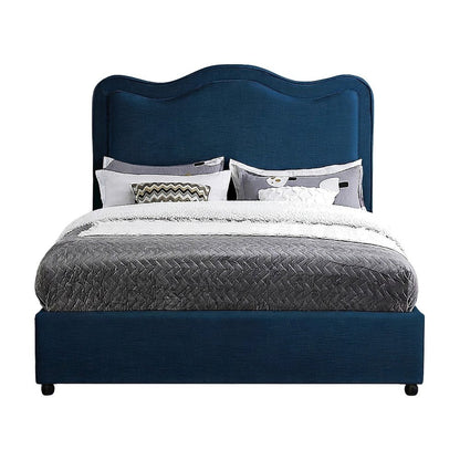 Platform Bed with Camelback Headboard, Navy Linen Textured Fabric, Full
