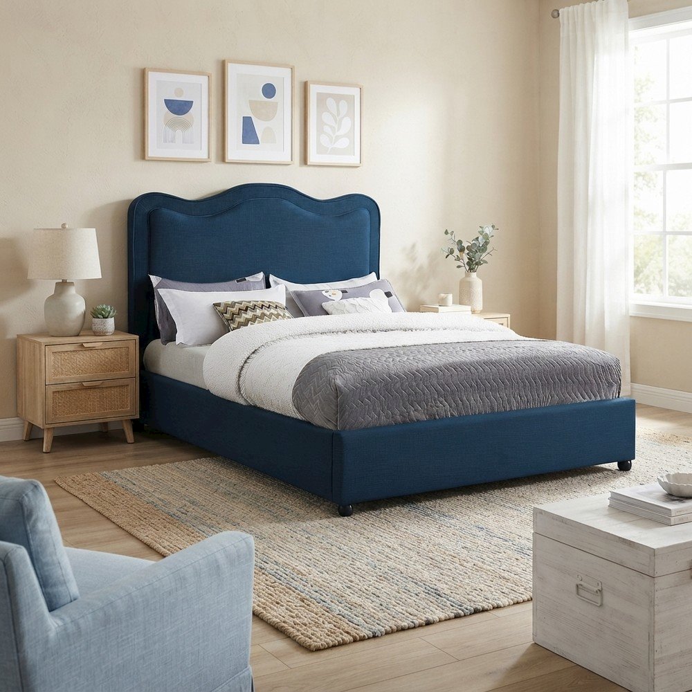 Platform Bed with Camelback Headboard, Navy Linen Textured Fabric, King