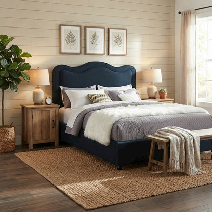 Platform Bed with Camelback Headboard, Navy Linen Textured Fabric, King