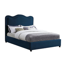 Platform Bed with Camelback Headboard, Navy Linen Textured Fabric, King