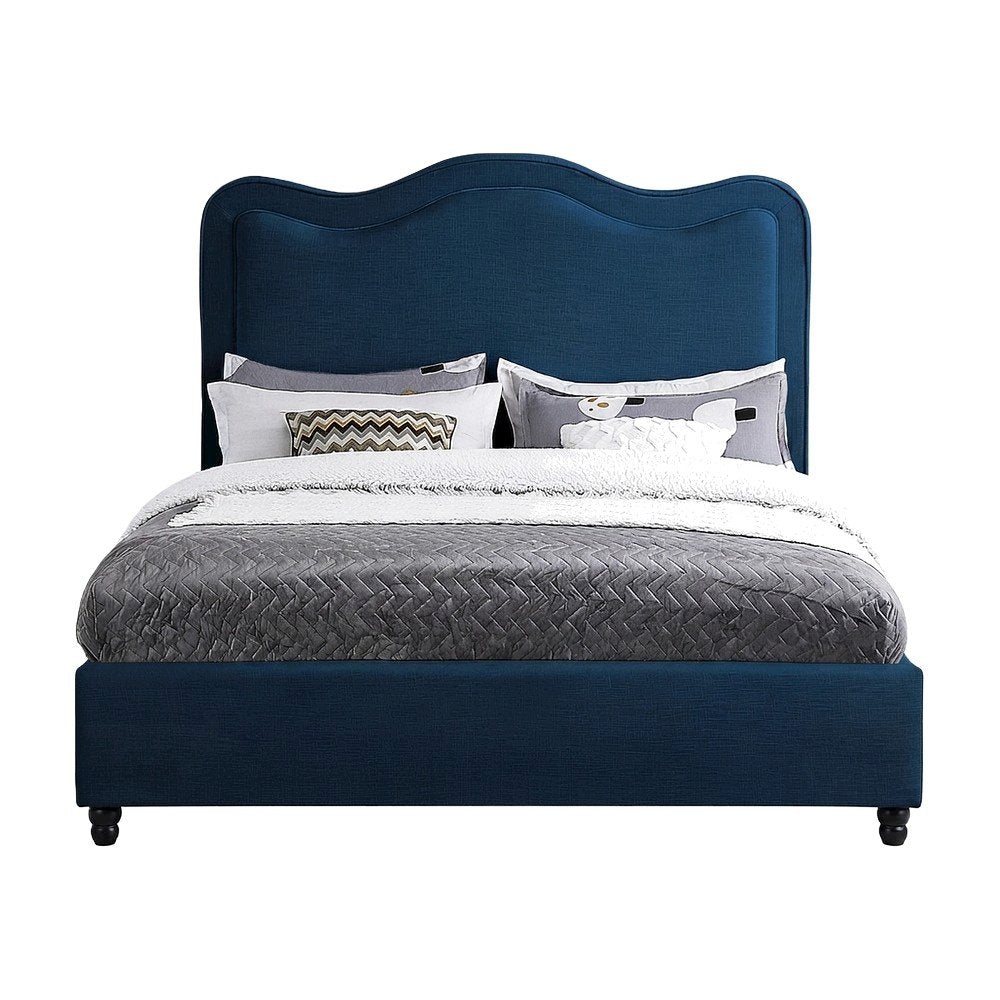 Platform Bed with Camelback Headboard, Navy Linen Textured Fabric, King