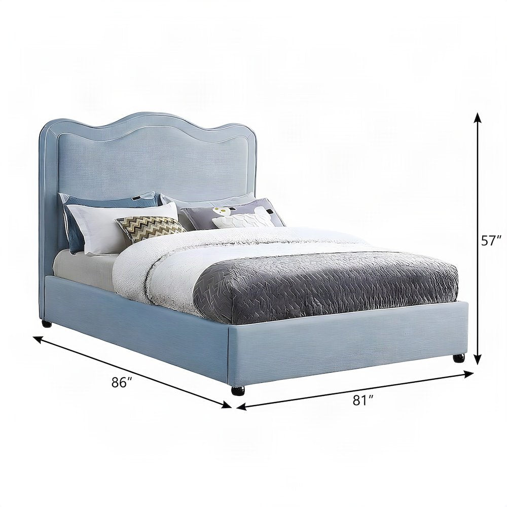 Platform Bed with Camelback Headboard, Light Blue Linen Textured Fabric, King