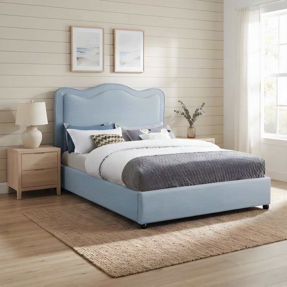 Platform Bed with Camelback Headboard, Light Blue Linen Textured Fabric, King