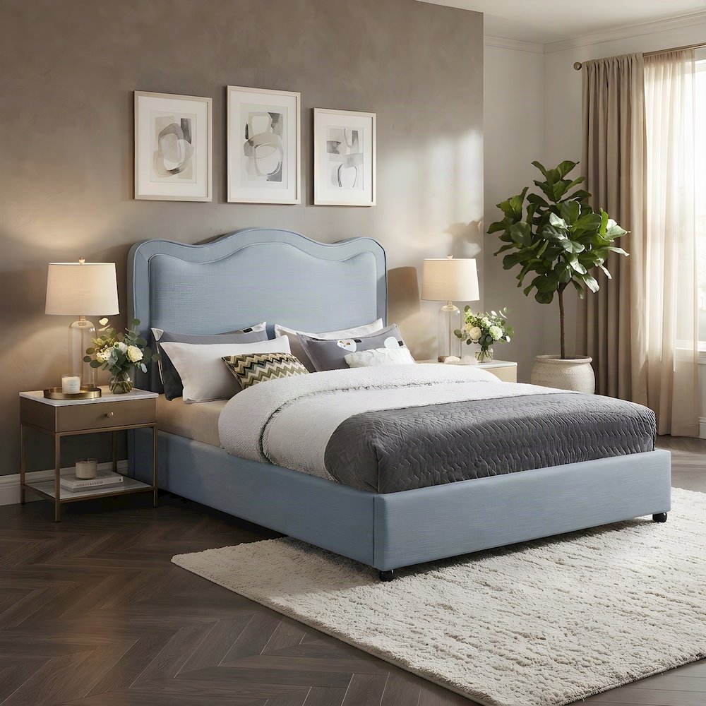 Platform Bed with Camelback Headboard, Light Blue Linen Textured Fabric, King