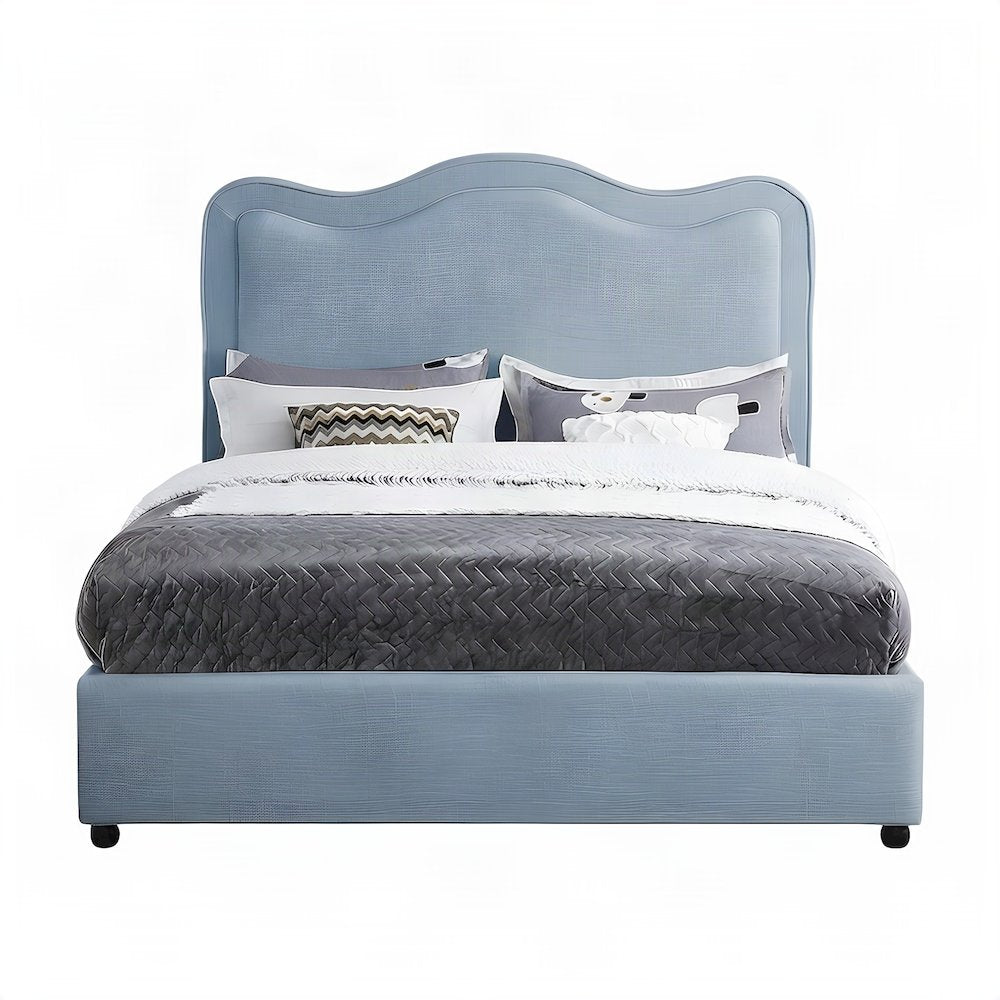 Platform Bed with Camelback Headboard, Light Blue Linen Textured Fabric, King