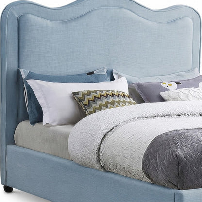 Platform Bed with Camelback Headboard, Light Blue Linen Textured Fabric, King