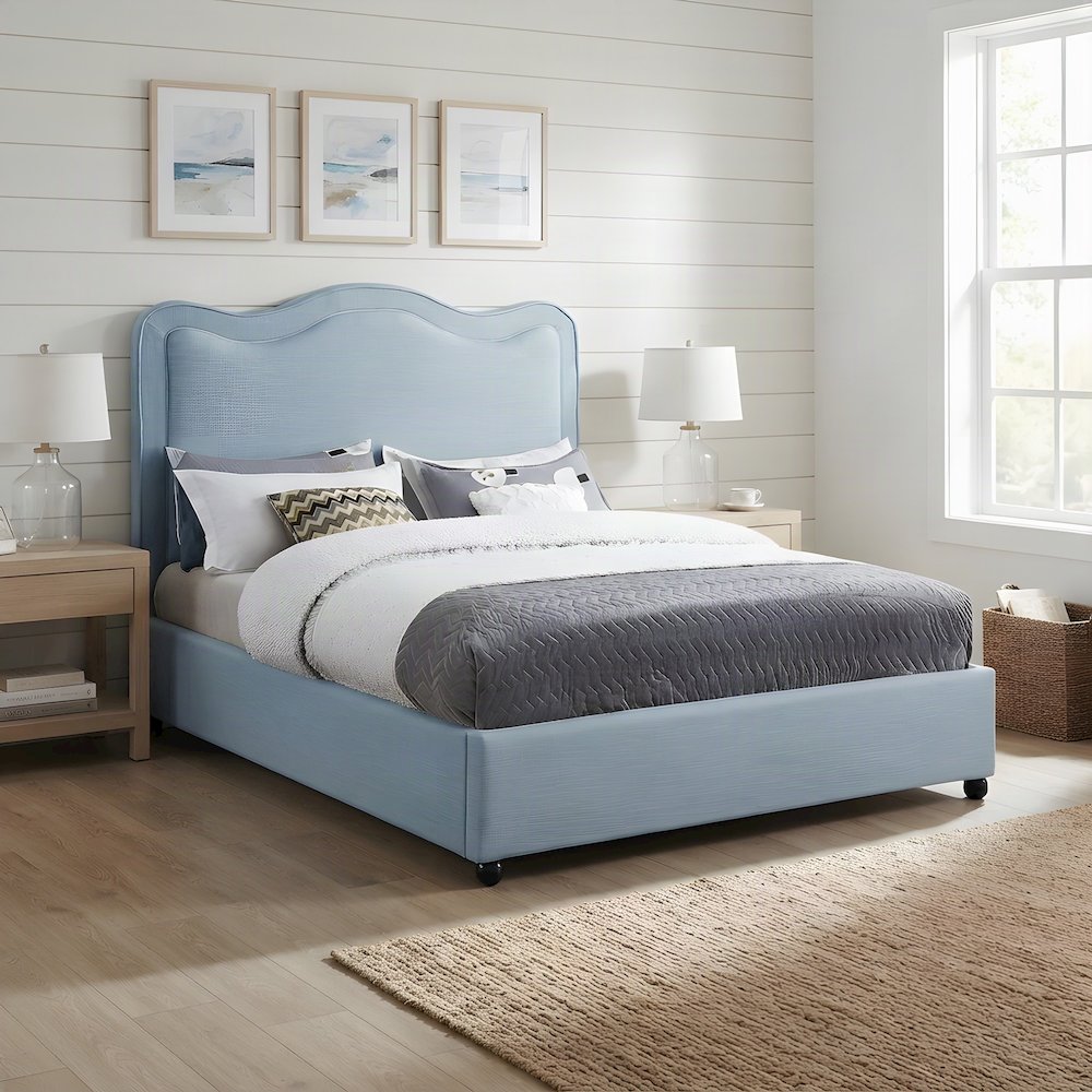 Platform Bed with Camelback Headboard, Light Blue Linen Textured Fabric, Queen