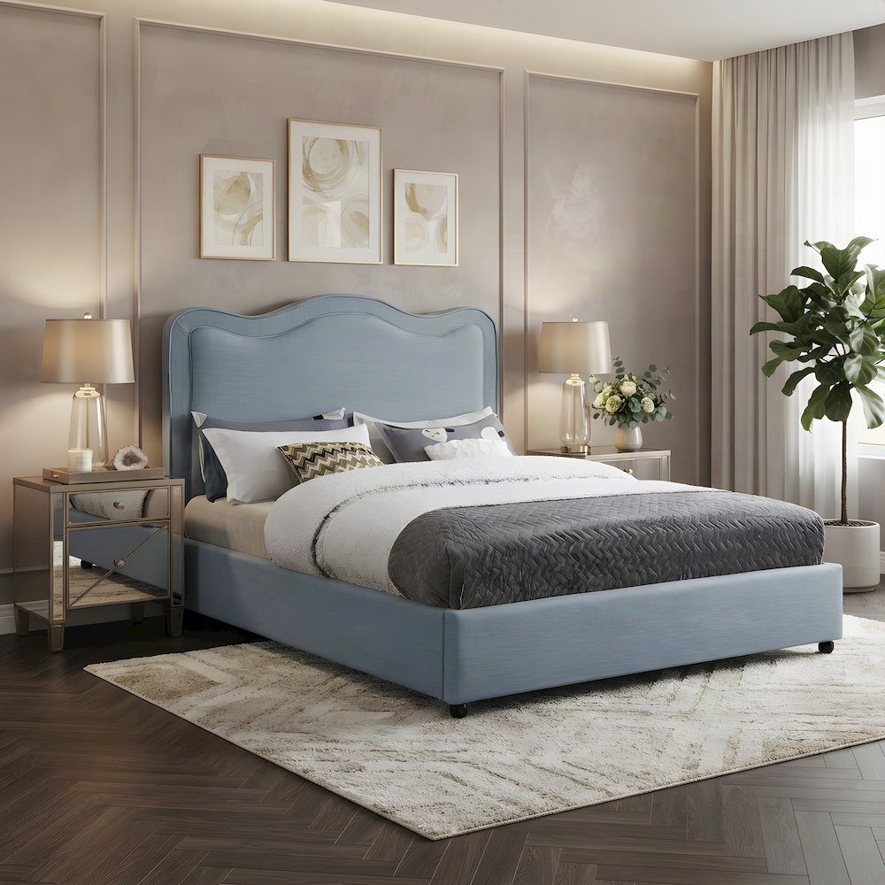 Platform Bed with Camelback Headboard, Light Blue Linen Textured Fabric, Queen