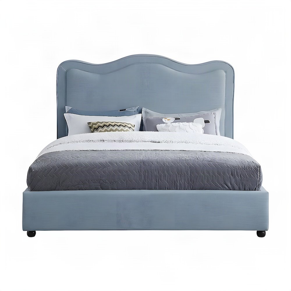 Platform Bed with Camelback Headboard, Light Blue Linen Textured Fabric, Queen