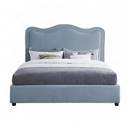 Platform Bed with Camelback Headboard, Light Blue Linen Textured Fabric, Queen