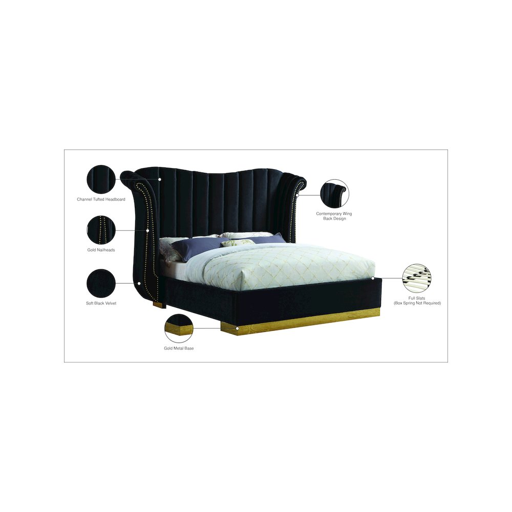 Flora Black Velvet Queen Bed