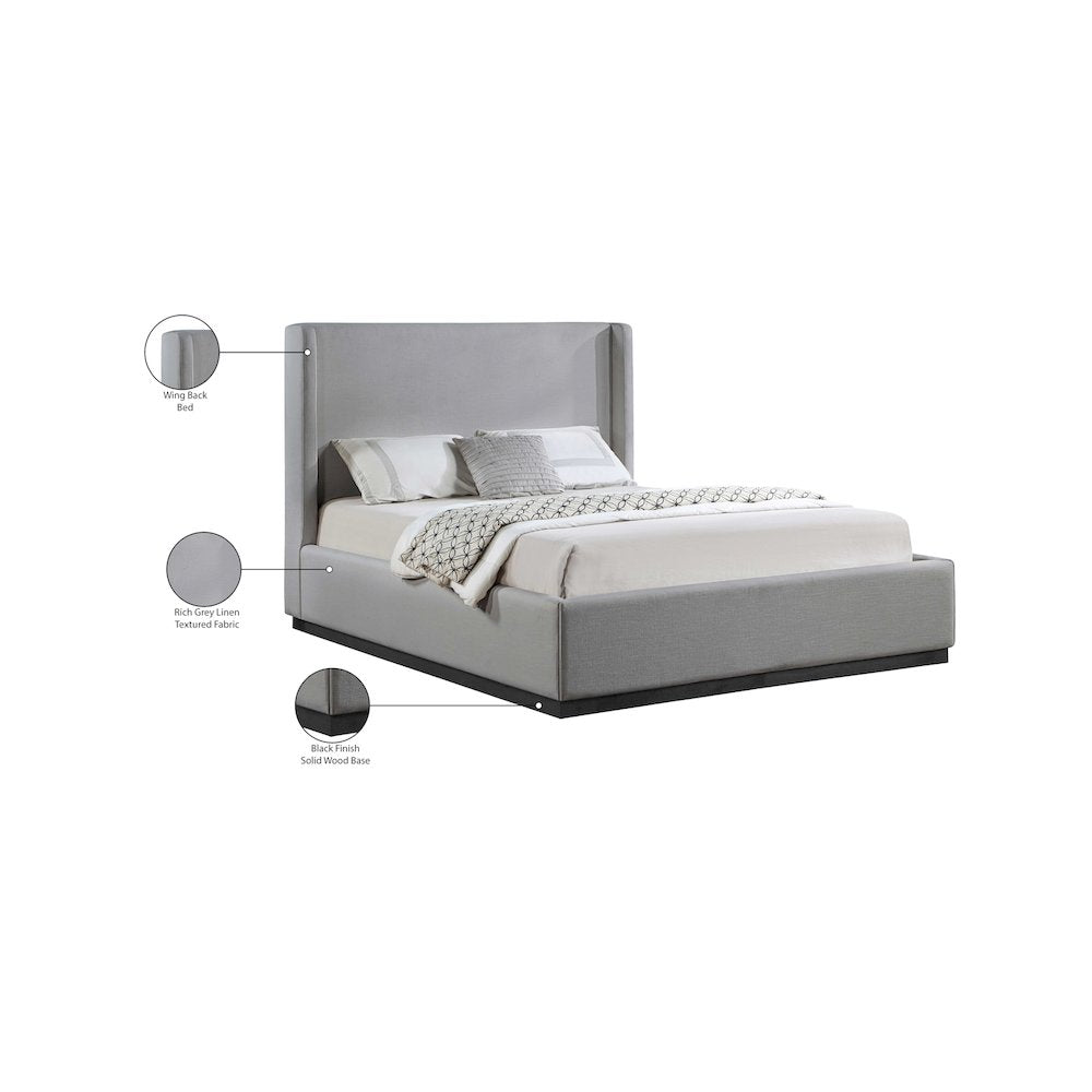 Flynn Grey Linen Textured Fabric King Bed