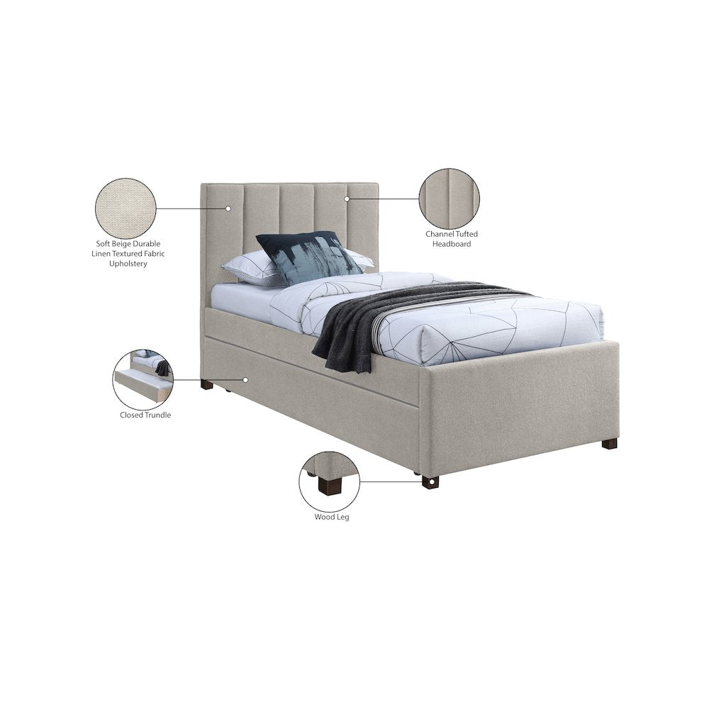 Harper Beige Linen Textured Fabric Twin Trundle Bed