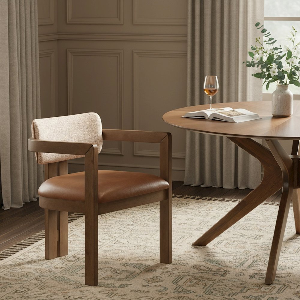 Ravina Cognac Vegan Leather and Linen Fabric Upholstered Dining Chair, Set of 2