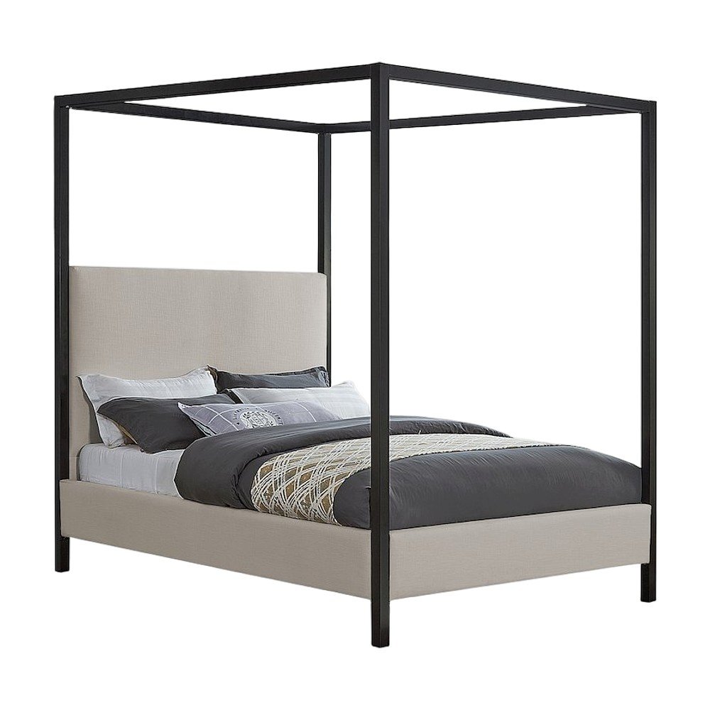 Canopy King Platform Bed Frame with Headboard, Beige Linen Textured Fabric