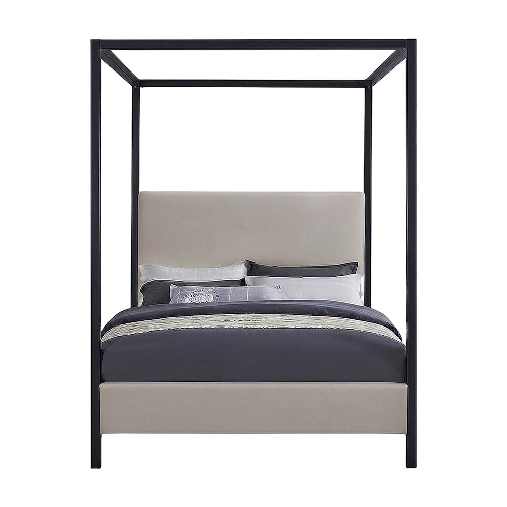 Canopy King Platform Bed Frame with Headboard, Beige Linen Textured Fabric