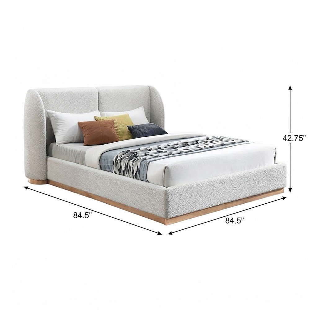 Boucle Wingback King Platform Bed Frame and Solid Wood Legs, Cream Boucle Fabric