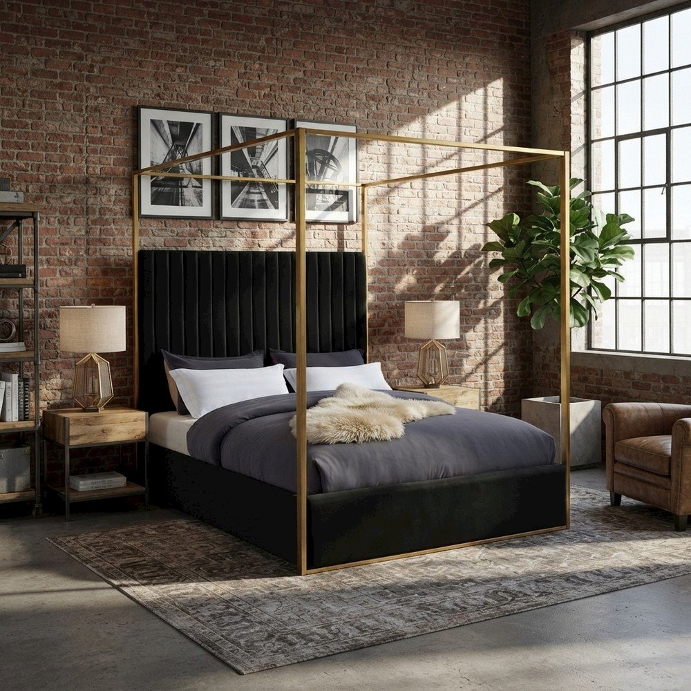 Velvet Upholstered Platform Bed Frame with Canopy Headboard, Black Velvet, King
