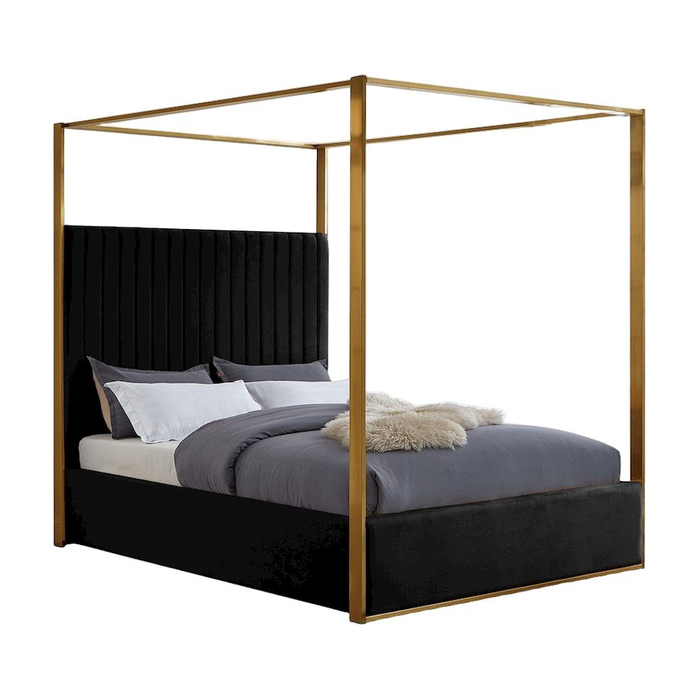Velvet Upholstered Platform Bed Frame with Canopy Headboard, Black Velvet, King