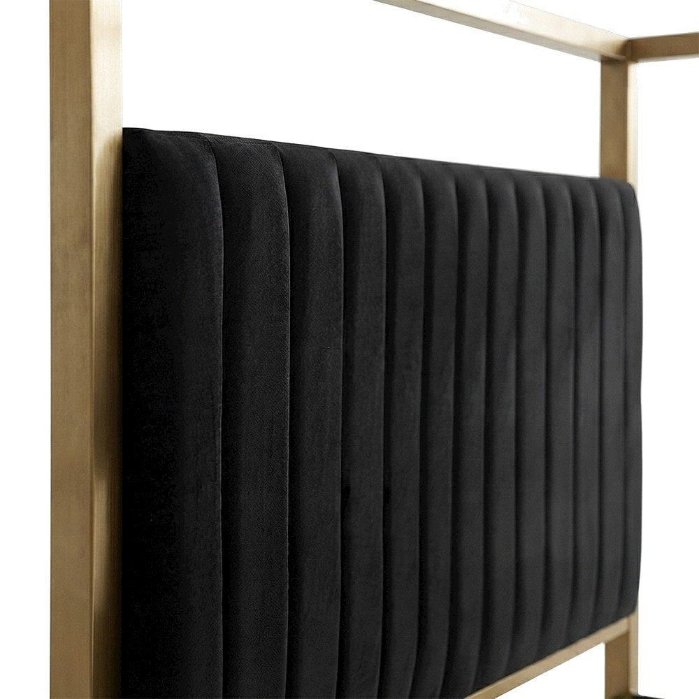 Velvet Upholstered Platform Bed Frame with Canopy Headboard, Black Velvet, King